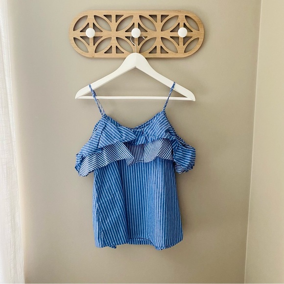 A New Day Striped Ruffle Off The Shoulder Blouse Blue Sz Small - Picture 6 of 10